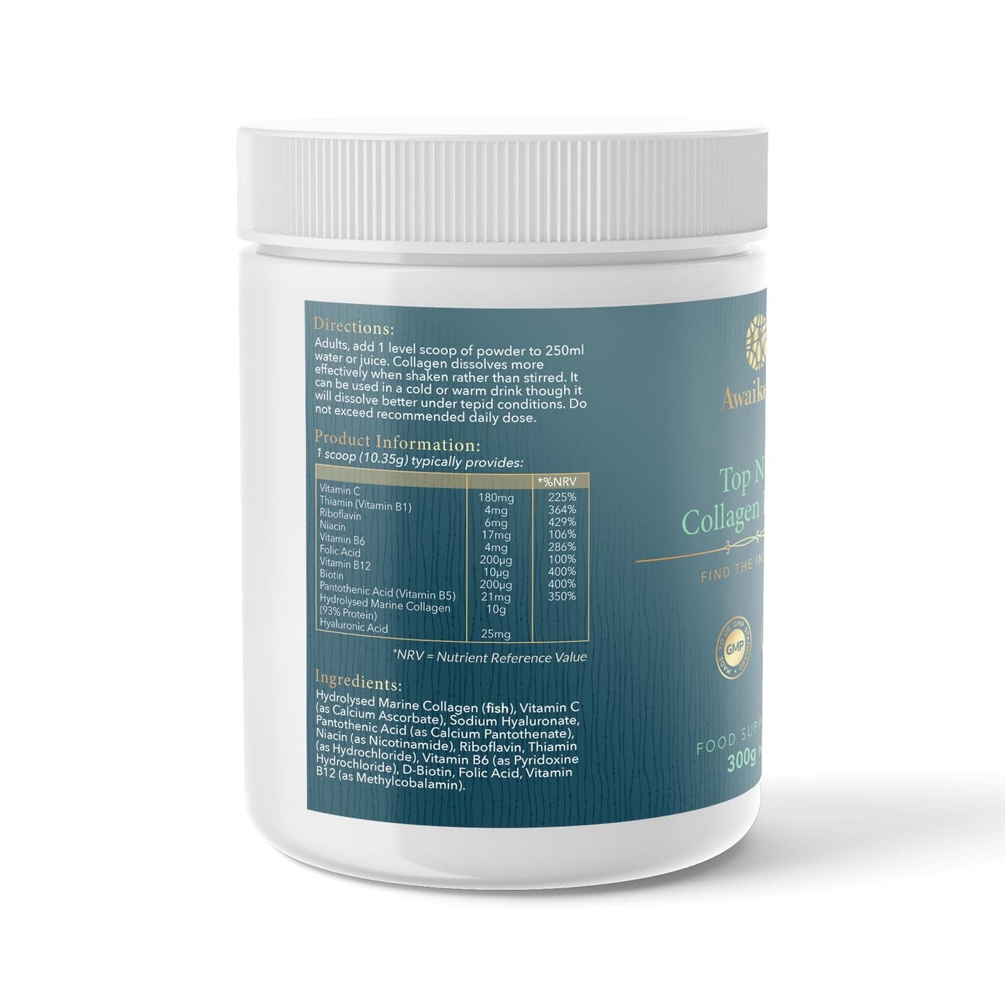 AwaikenU High Strength Marine Collagen Powder with Hyaluronic Acid, Vitamin C, Riboflavin, Biotin and Niacin, 30 Servings, for Healthy Skin. Nails, Hair and Joints. Unflavoured. Made in UK to GMP Standards.