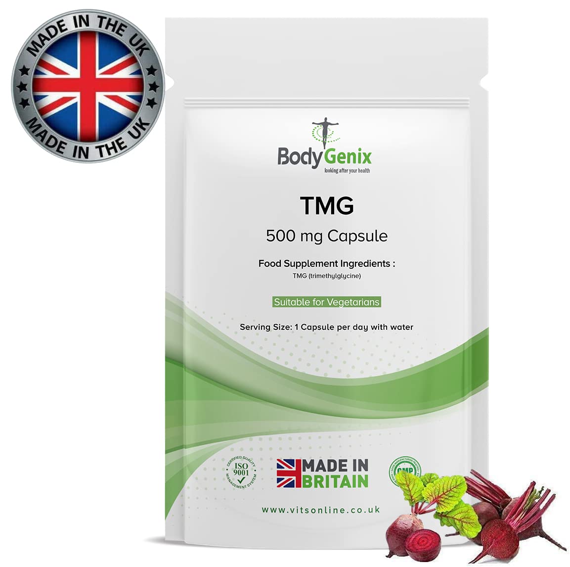 Bodygenix TMG (Trimethylglycine) Capsules - 500mg Antioxidant Digestion Liver Cardiovascular Health Support Vegan Friendly Natural Supplement - 60 Capsules 2 Month Supply