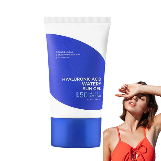 Korean Sunscreen, Hyaluronic Acid Watery Sun Gel SPF 50+ PA++++, SPF 50 Face Moisturiser with No White Cast, Waterproof Body & Face Sunscreen, Moisturizing Korean Suncream for Oily Skin (50ml)