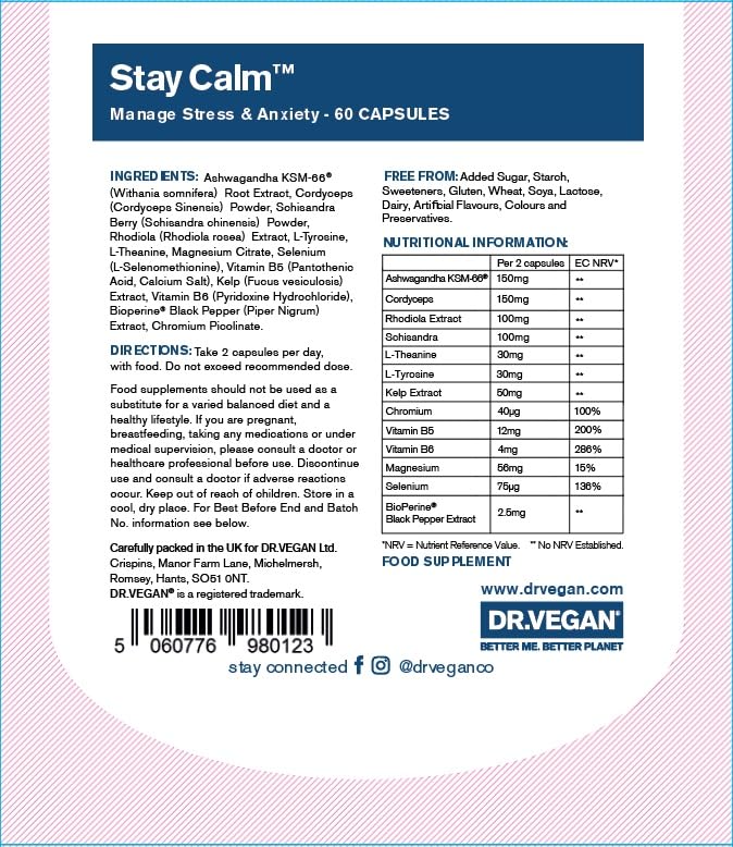 DR.VEGAN Stay Calm | for Stress & Anxiety | 60 Capsules | Two-A-Day | Including Ashwagandha KSM-66 150mg, Cordyceps 150mg, Rhodiola 100mg, Schisandra 100mg