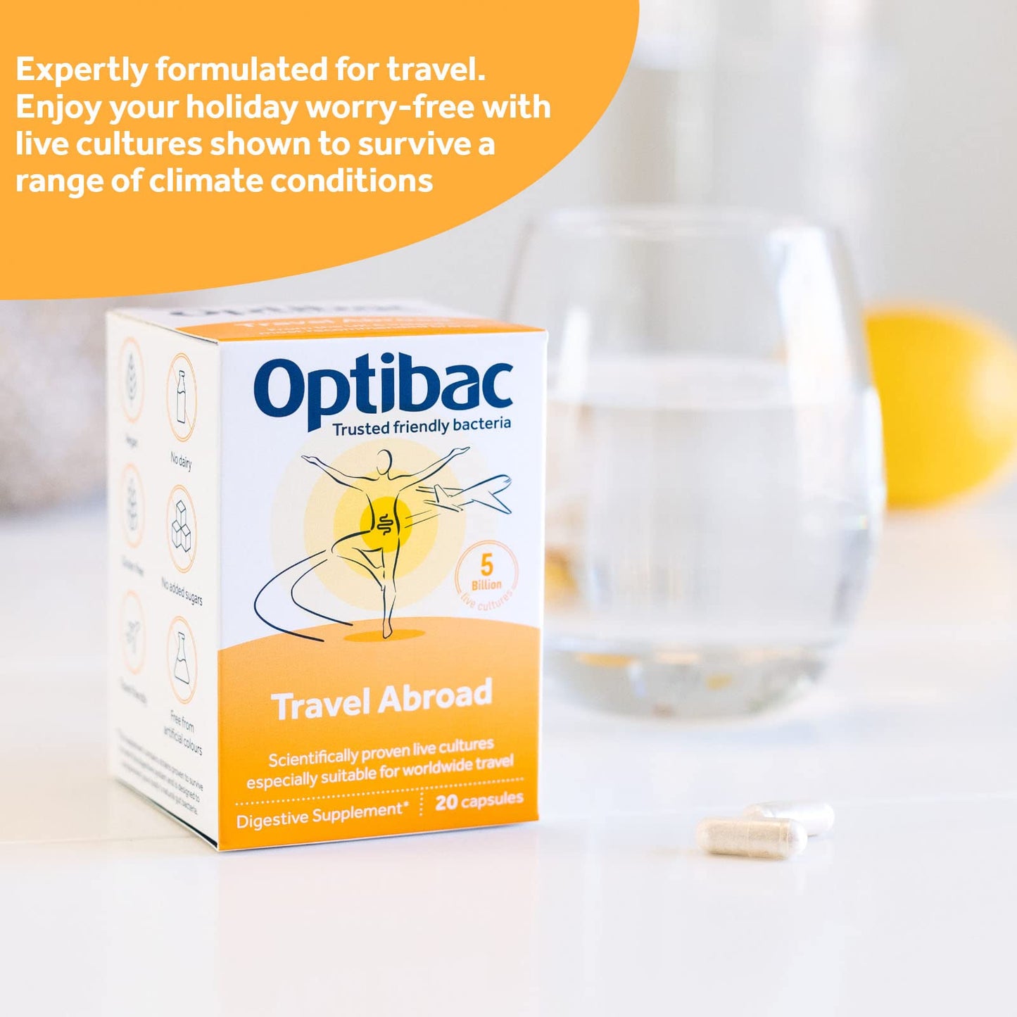 Optibac Travel Abroad Probiotics -Vegan Digestive Probiotic Supplement Formulated for Travel Support & Gut Health, 5 Billion Live Cultures - 20 Capsules