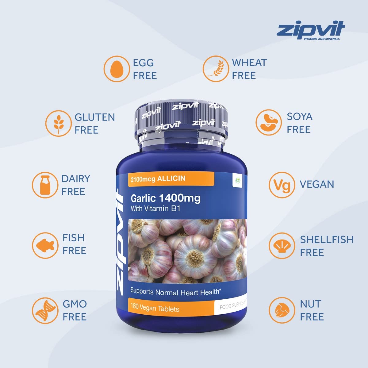Zipvit Garlic Tablets 1400mg, 2100mcg Allicin per Tablet with Added Vitamin B1. Supports Heart Health. 180 Vegan Tablets. 6 Months Supply.