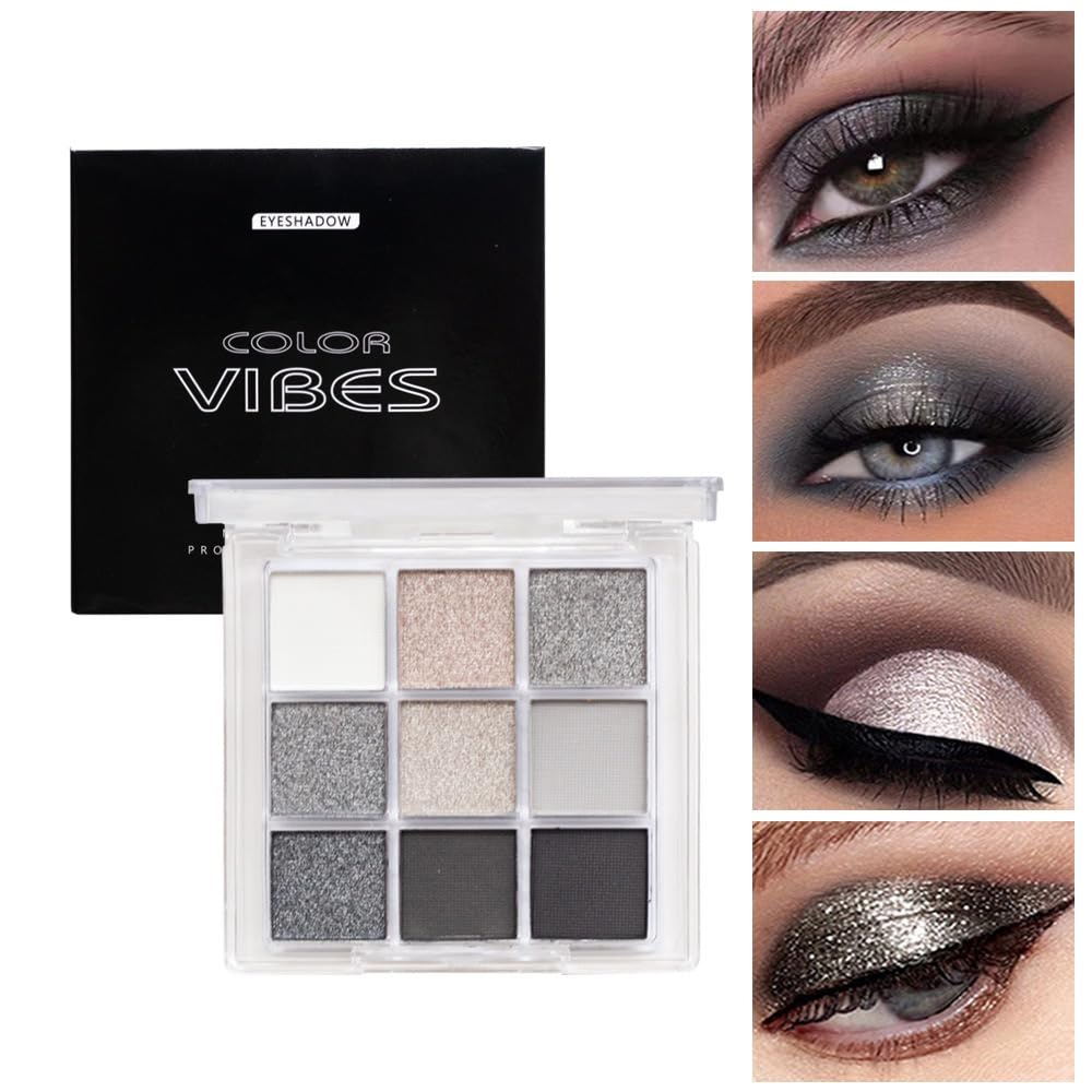 FANFALUV Black Smokey Eyeshadow Palette Makeup,9 Colors Black Silver Gray White Eye Shadow Pallets For Women,Long Lasting,Waterproof and Blendable,Make-up Palettes With Brushes-Halloween Goth Gifts(Smoky)