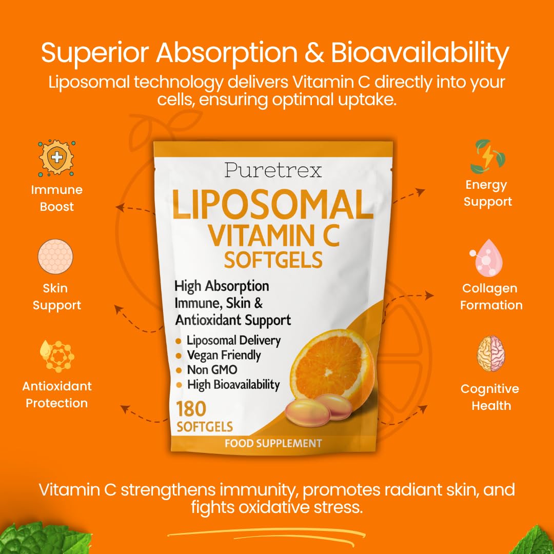 Puretrex Liposomal Vitamin C Softgels, High Absorption, Vegan, Non-GMO, 180 Count