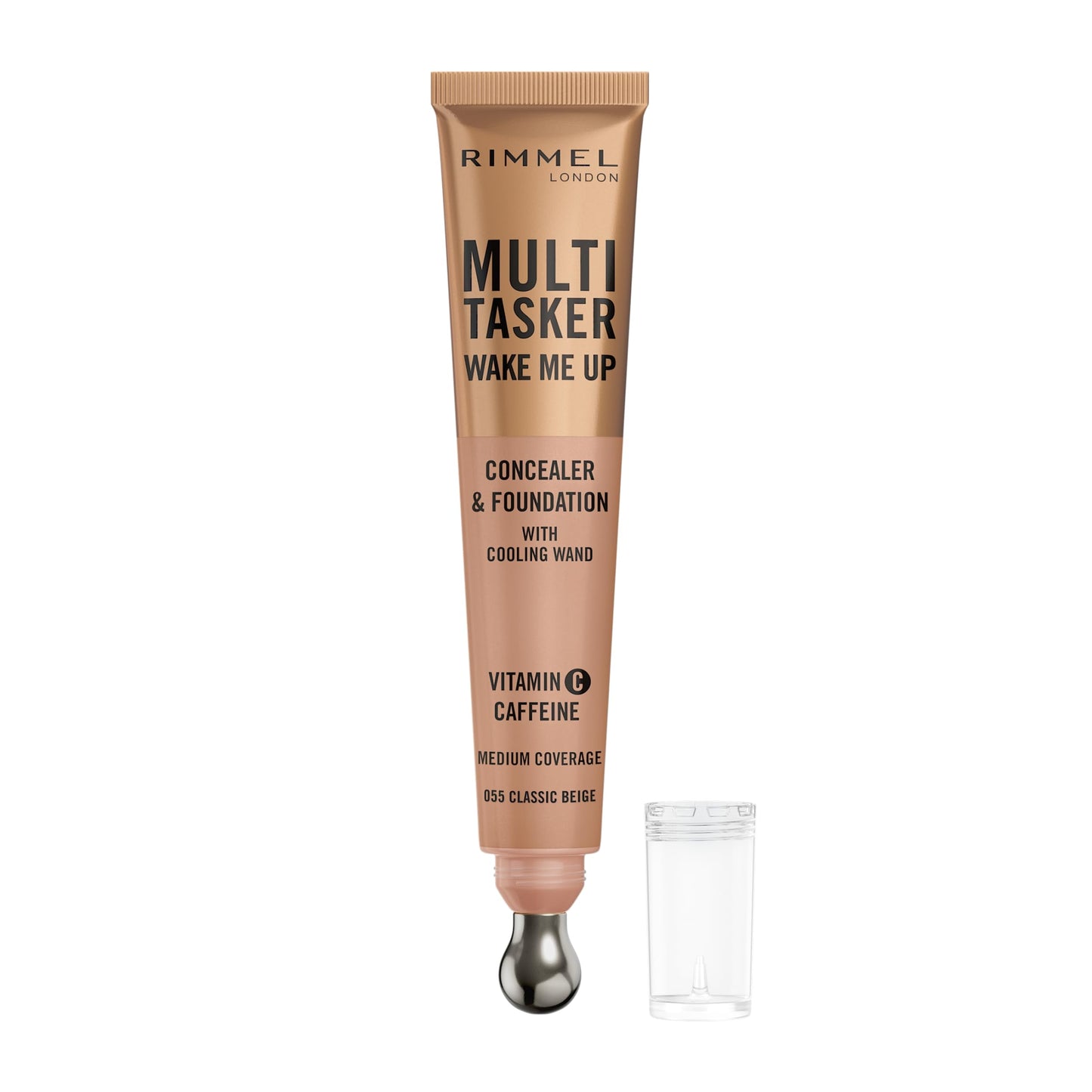 Rimmel Multi-Tasker Wake Me Up Foundation & Concealer, 055 Classic Beige, Depuffs & Brightens Dark Circles, Metallic Cooling Applicator, Caffeine & Victamin C, 2% Niacinamide, Vegan, Cruelty free