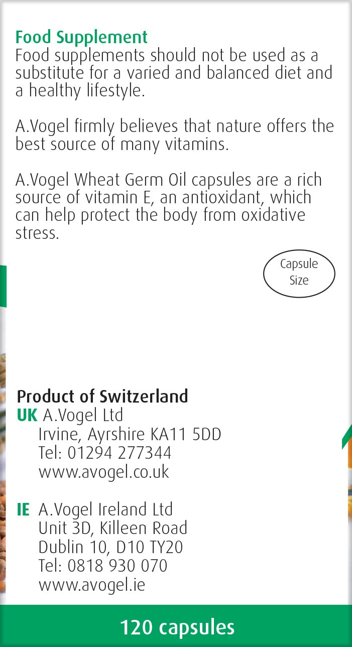 A.Vogel Wheat Germ Oil Capsules is a cold pressed oil rich in vitamin E, an antioxidant, in capsule form for convenience, 120 capsules
