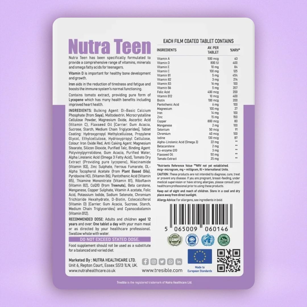 Tresible Trèsible Nutra Teen Vegan Multivitamin for Teenagers Tablets (4 Weeks Supply) - Multivitamin and Minerals Nutritional Supplements, Teen Vitamins for Boys & Girls, 25 Essentia Multivitamin Tablets