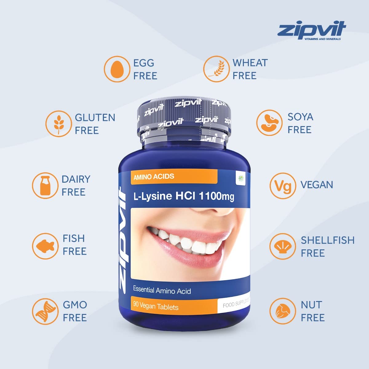 Zipvit L-Lysine 1100mg Tablets. High Strength Essential Amino Acid, Vegan and Vegetarian, 90 Tablets, 3 Months Supply