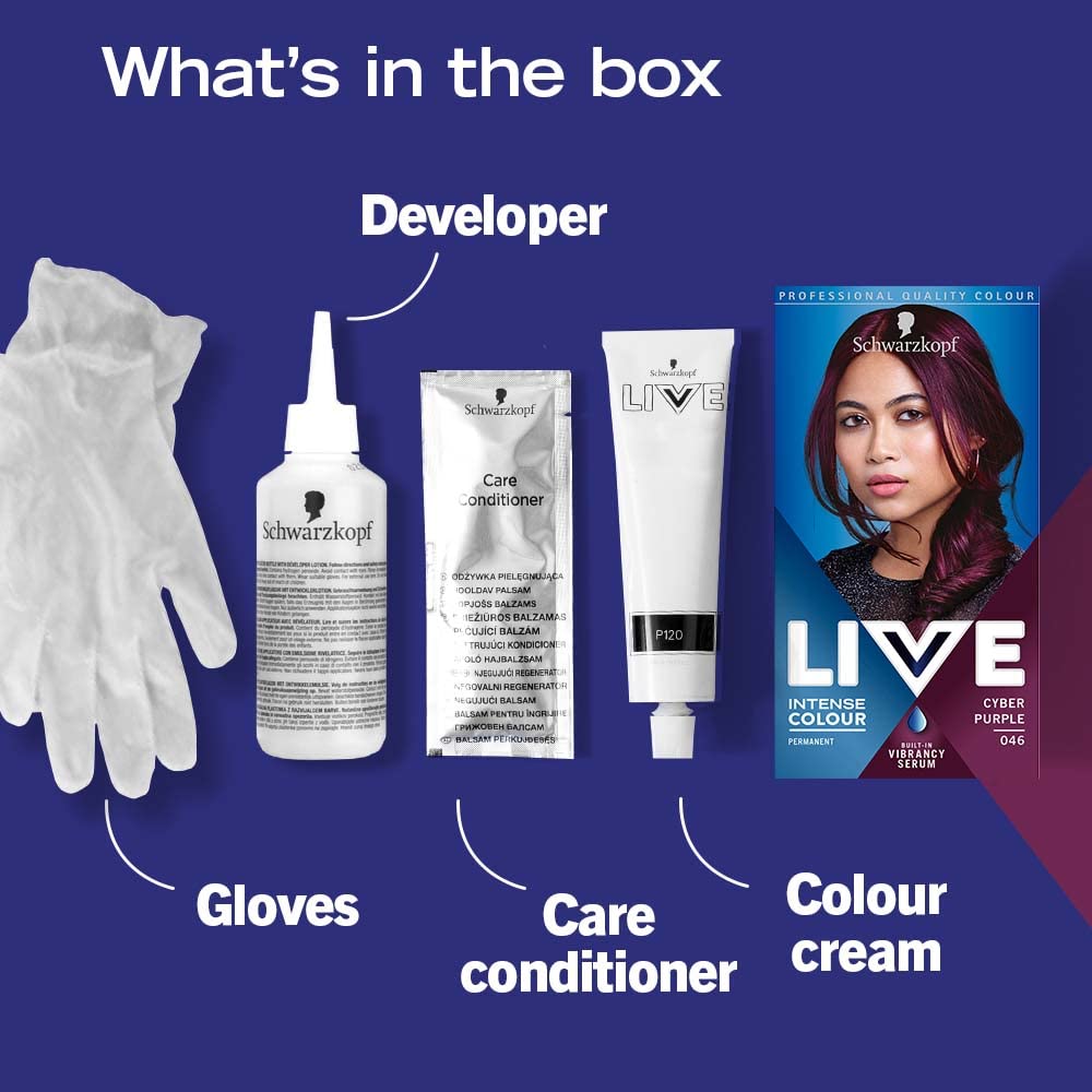 Schwarzkopf LIVE Intense Colour, Long Lasting Permanent Purple Hair Dye, With Built-In Vibrancy Serum, Up To 50% Grey Coverage, Cyber Purple 046