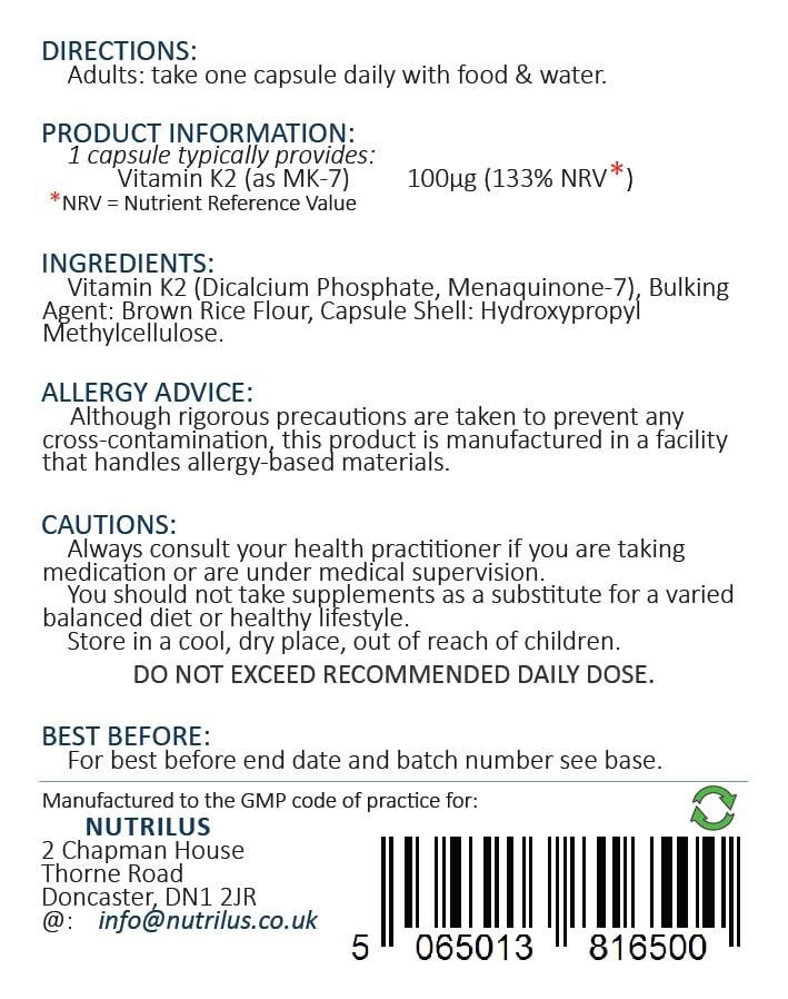 Vitamin K2 MK-7 120 Daily Capsules 100mcg - Highly Bioavailable - Vegan Supplement - Bone Health - Calcium Distribution
