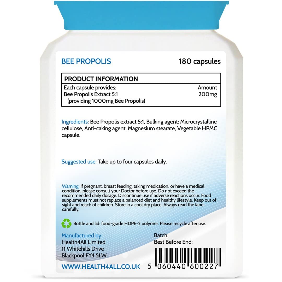 Bee Propolis High Strength 1000mg 180 Capsules (V) Immune system booster natural immune support supplement rich in functional antioxidants. Made in The UK by Health4All