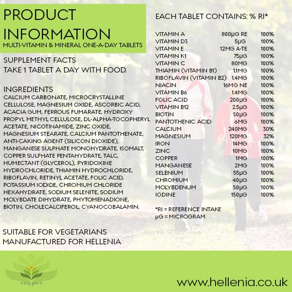 Multi Vitamins & Minerals Tablets for Men and Women | One-a-Day Tablet with Essential Active Vitamins Plus Calcium, Magnesium, Iron, Zinc and More Minerals | 90 Tablets Made in The UK for Hellenia