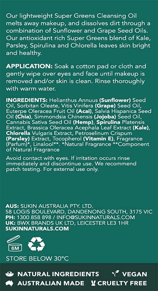 Sukin Super Greens Facial Cleansing Oil 125ml - with Sunflower & Grapeseed Oil; cruelty free & vegan friendly -dissolves makeup & dirt leaving skin hydrated.