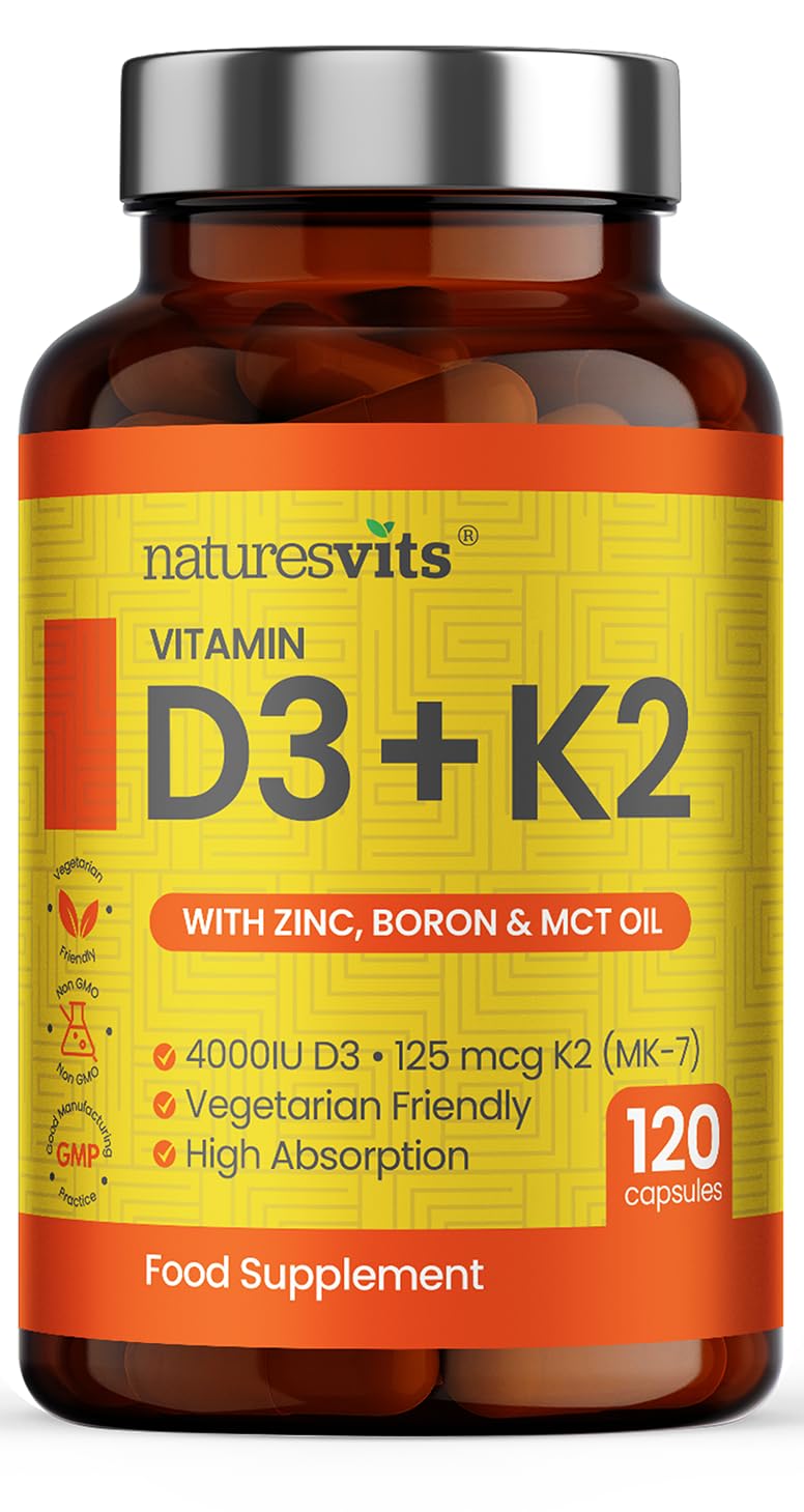 NaturesVits Vitamin D3 and K2 Bone Supplement - with Zinc, MCT Oil and Boron for Calcium Absorption for Joint Care - High Strength Natural Supplements for Women and Men