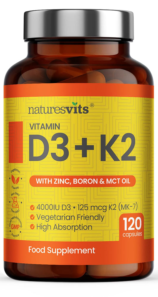 NaturesVits Vitamin D3 and K2 Bone Supplement - with Zinc, MCT Oil and Boron for Calcium Absorption for Joint Care - High Strength Natural Supplements for Women and Men