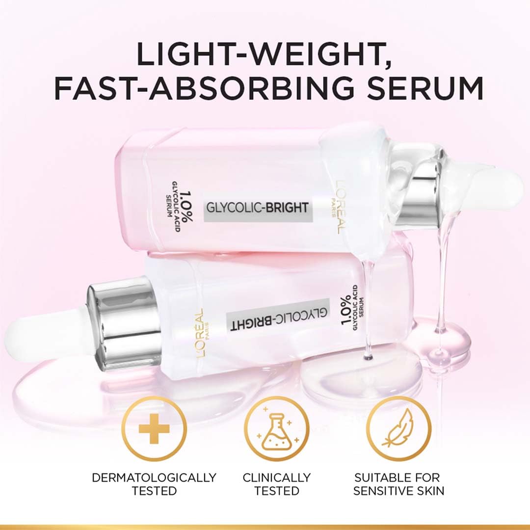 L'Oreal Paris Glycolic Bright Serum, 1% Glycolic Acid, 2% Niacinamide Serum, Visibly Minimizes Spots, Reveals Even Skin Tone, Glycolic Bright Skin, 15ml