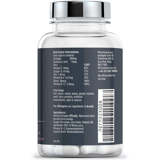 Transforme Marine Collagen 500mg, Hyaluronic Acid Capsules, 60 Days Supply, Biotin, Copper, Vitamin C B6 B12, Zinc, Radiant Skin Care Hydrolysed Peptides