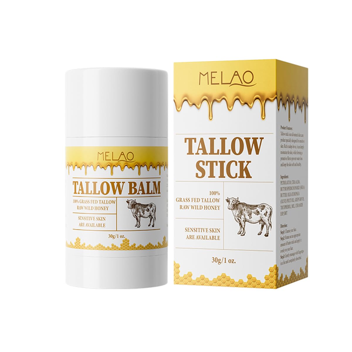 HOPHAT Beef Tallow Balm Stick –Beef Tallow for Skin, Grass Fed Tallow & Honey Balm Stick, Moisturizing Skin Care Cream for Dry Skin