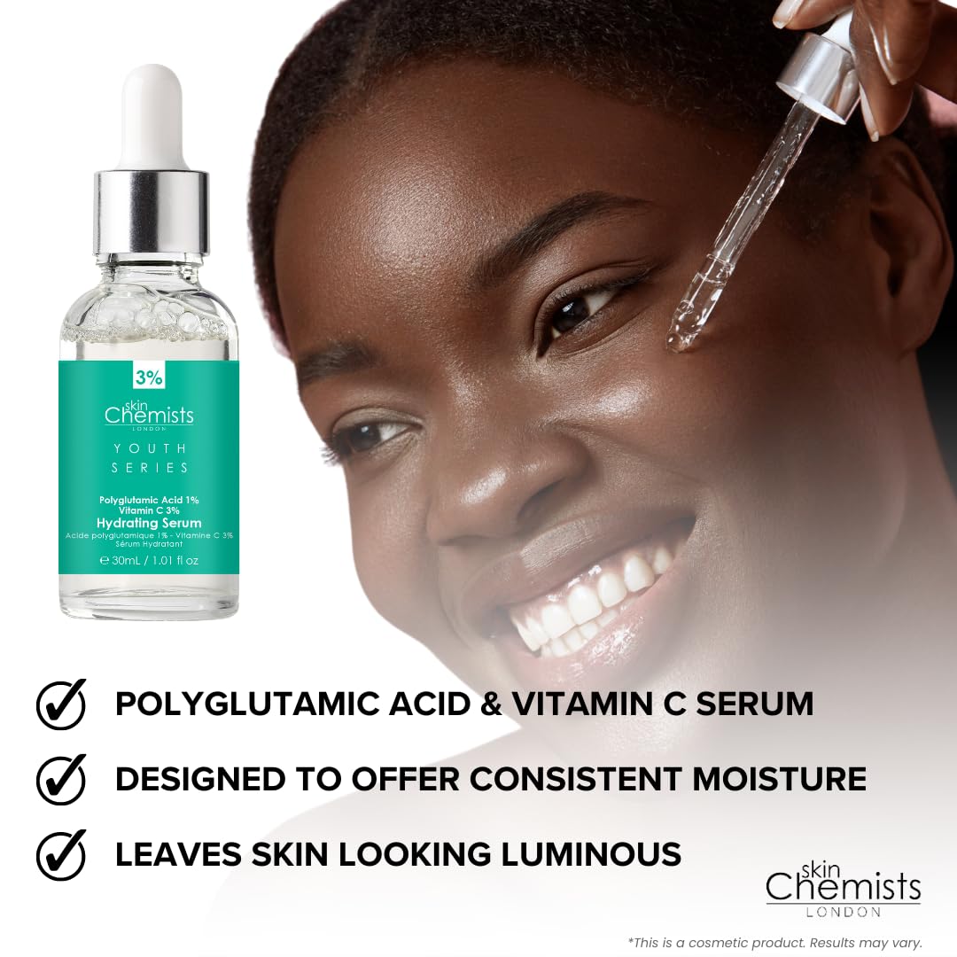 skinChemists Hydrating Serum with Polyglutamic Acid 1%, Vitamin C 3% 30ml | Fights Fine Lines, Wrinkles, & Pigmentation - Provides Lasting Hydration & Luminous Effect