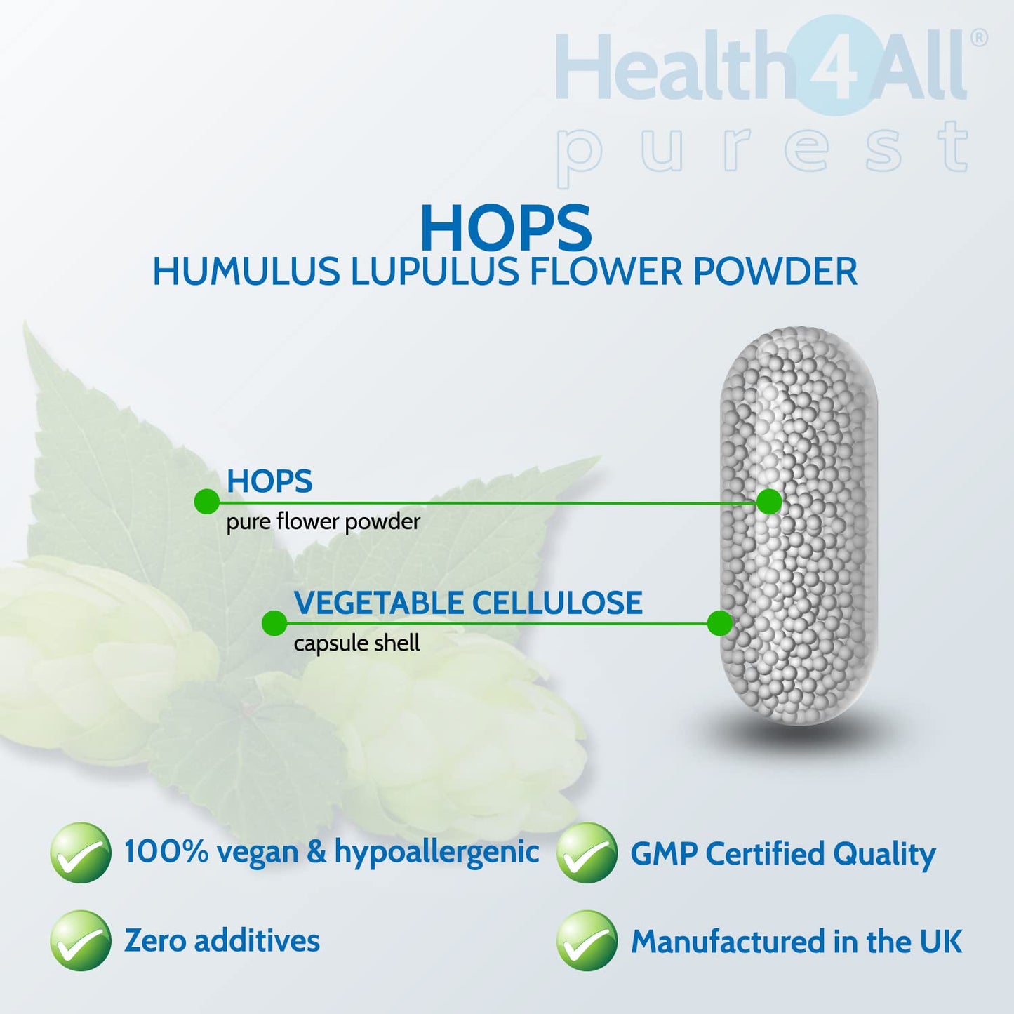Health4All Hops 400mg 60 Capsules (V) .(not Tablets) Purest: no additives. Vegan Capsules for Anxiety, Stress and Sleep Supplement
