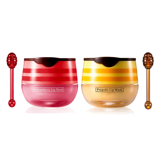 GEEWHILE Lip Sleeping Mask Lip Mask Skincare Lip Balm Set,2 Pcs Honey+Strawberry Bee Balm Moisturizing Lip Mask for Day&Night Lip Care,Repair,Prevent Dry Crack,Lip Line Reducing,Clearing Dead Skin