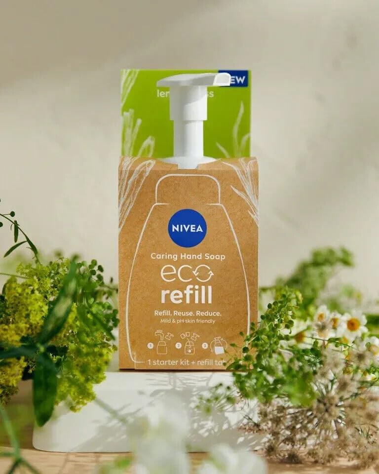 NIVEA Hand Soap Eco Refill Starter Kit, 1 Starter Kit + Refill Tab Lemongrass Scent, Hand Wash Soap, Skin-Friendly - Sustainable Hand Cleanser Solution