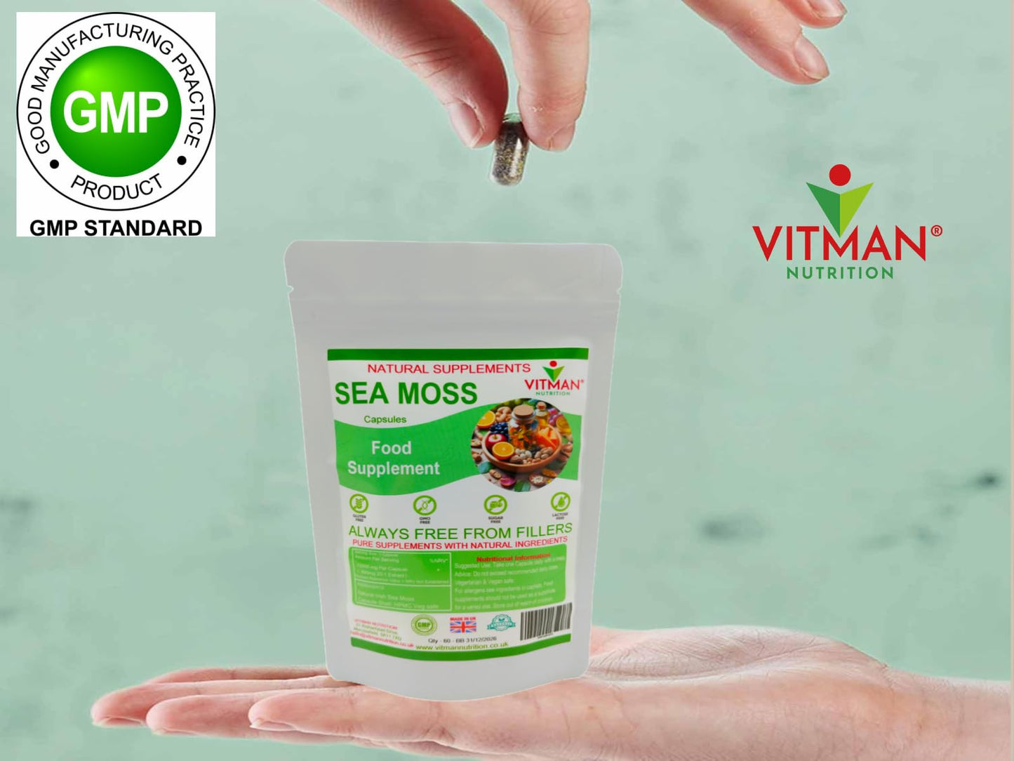 VitMan Nutrition Sea Moss Capsules, 60x Natural Irish Sea Moss Food Supplement, Gluten Free, Sugar Free, GMO Free, Vegan