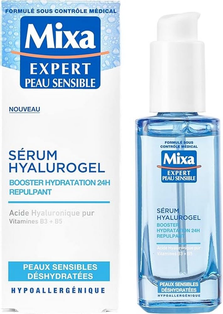 Mixa Expert Sensitive Skin - Hyalurogel Serum - 24H Hydration Booster - Pure Hyaluronic Acid, Vitamin B3 + B5