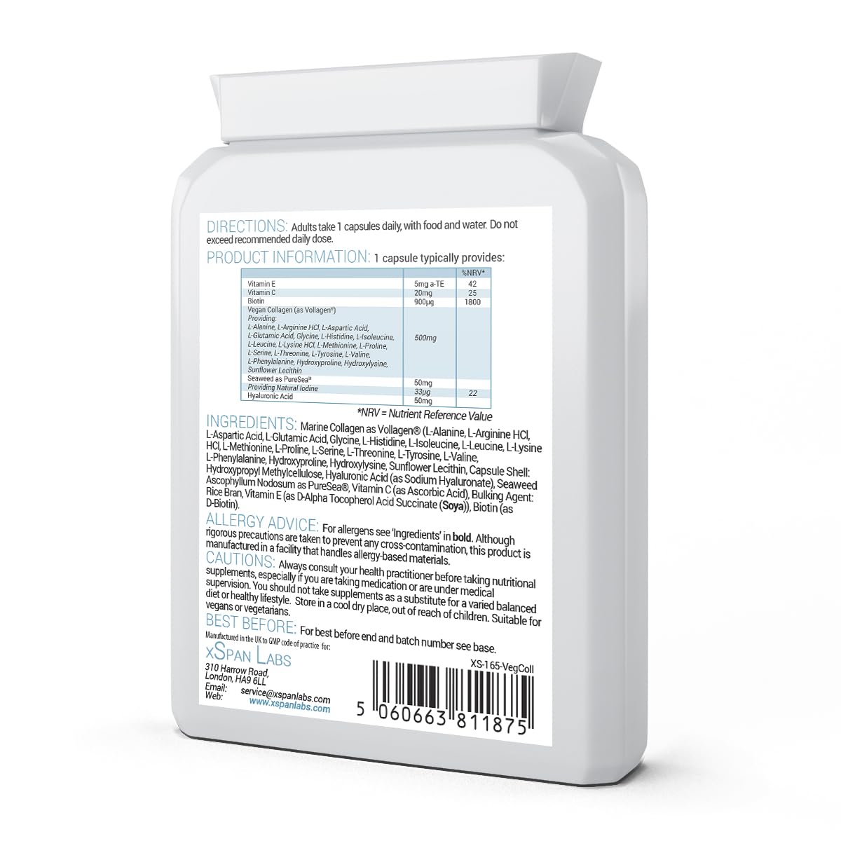 Vegan Collagen & Hyaluronic Acid Complex - 60 Capsules - Effective Skin, Hair & Nails Formula with 500mg of Vollagen in The exact Amino ratios of Human Collagen