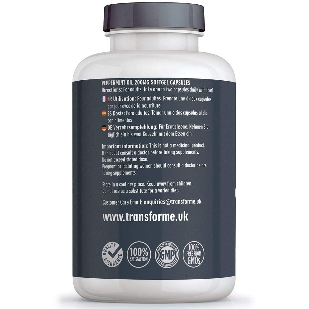 Transforme High Strength Peppermint Oil 200mg Capsules Softgels - 365 Softgels (1 Year Supply) Easy to Digest - Rapid Release - High Absorption - Gluten Free