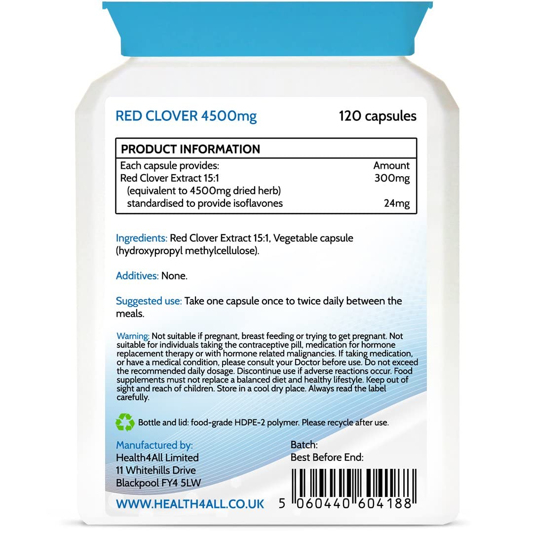 Health4All Red Clover 4500mg 120 Capsules (V) High Strength Extract: 24mg isoflavones in Each Capsule for Menopause Support. Vegan Supplement