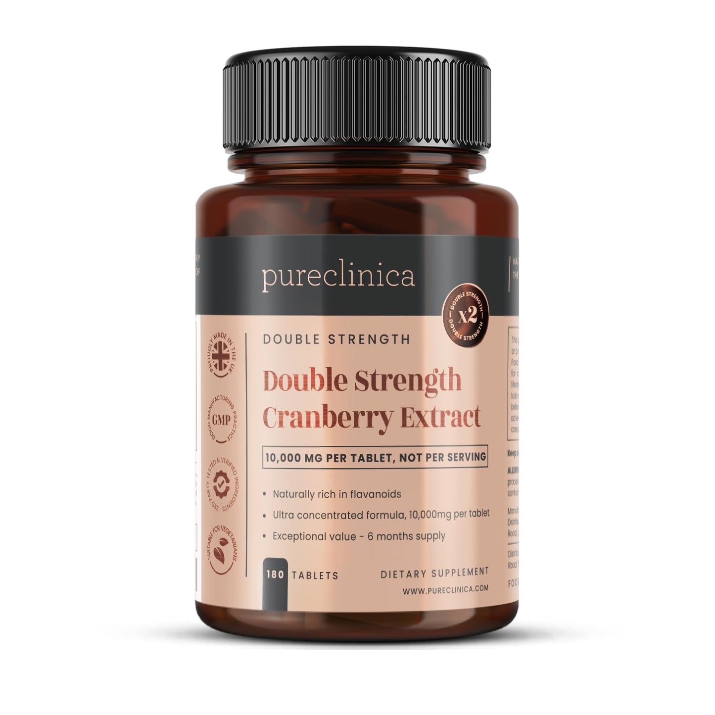 Pureclinica Double Strength Cranberry Extract 10,000mg x 180 Ultra Concentrated Tablets - 6 Months Supply!