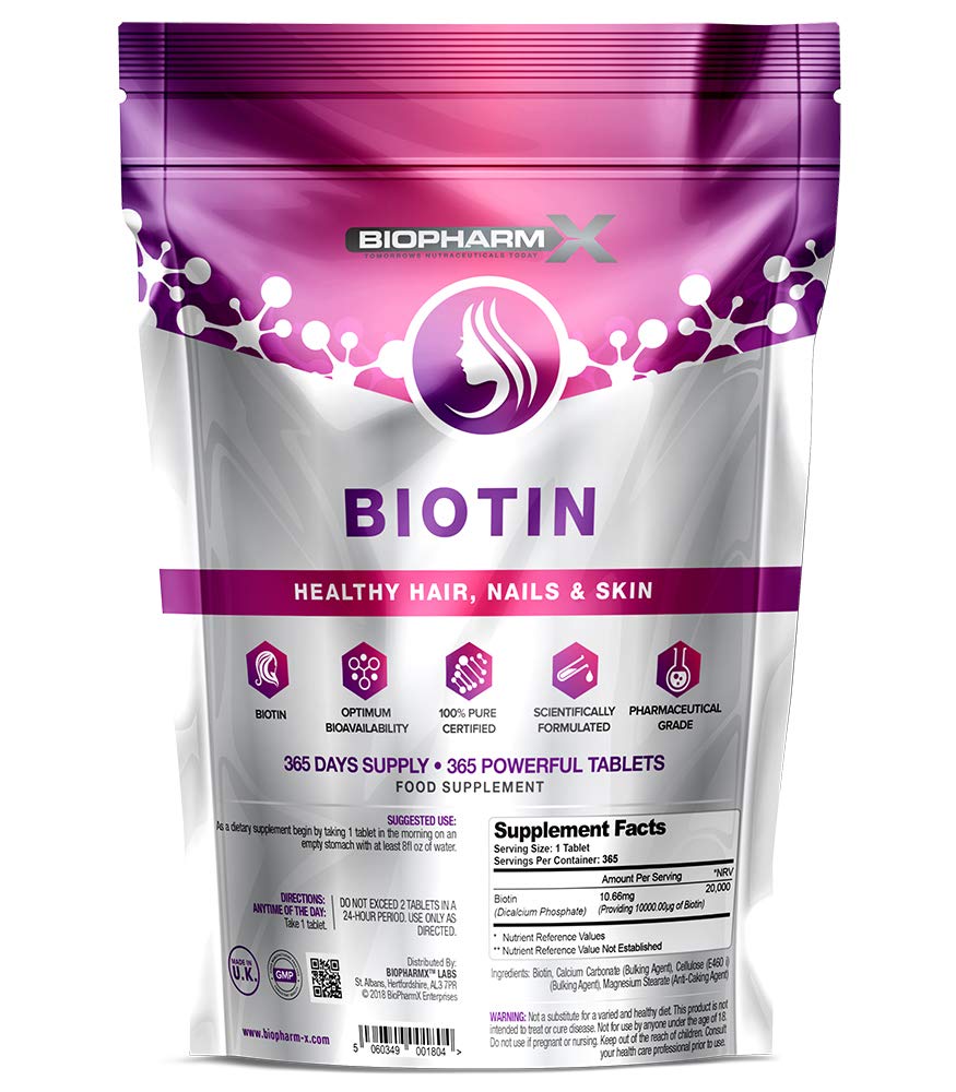 Biopharm-X Biotin Hair Growth Supplement (10,000mcg – 365 Tablets / 1 Year Supply) 100% Pure Certified : Healthy Nail & Hair Growth, Maintenance of Clear Skin