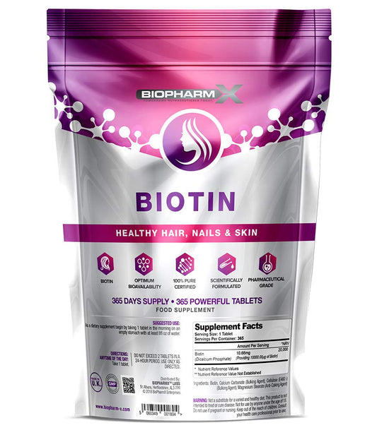Biopharm-X Biotin Hair Growth Supplement (10,000mcg – 365 Tablets / 1 Year Supply) 100% Pure Certified : Healthy Nail & Hair Growth, Maintenance of Clear Skin