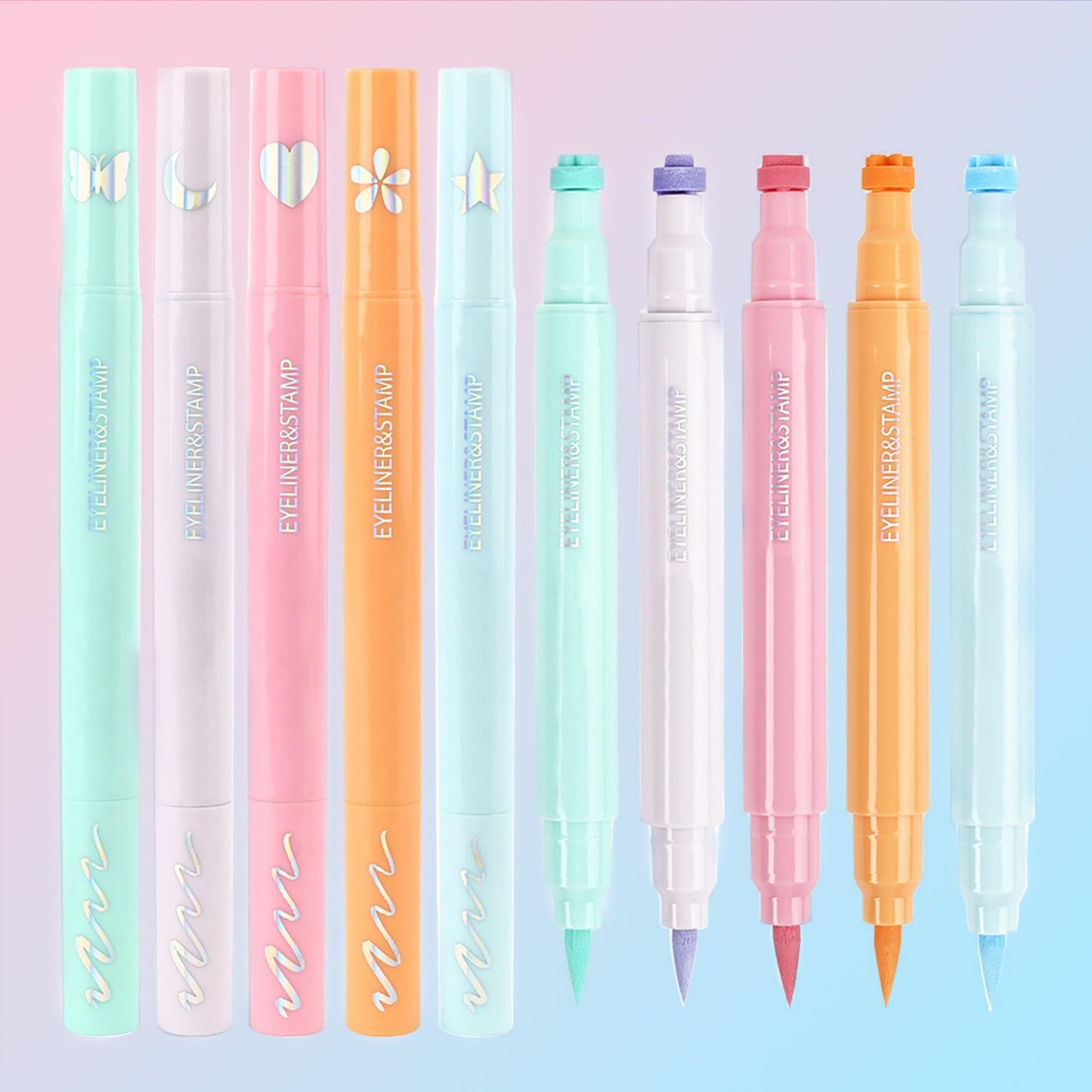 Generic 5PCS Eyeliner Stamp Set, Double-Ended Liquid Eyeliner Pencils with Heart, Moon, Butterfly, Star & Flower Stamps, Waterproof & Smudge-Proof Eyeliner Tools for Fun, Easy Makeup Designs
