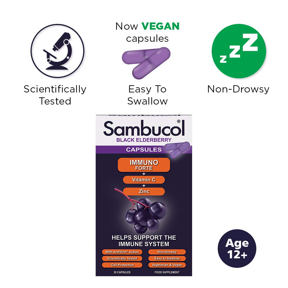Sambucol Natural Black Elderberry Immuno Forte Capsules | Vitamin C | Zinc | Immune Support Supplement | 30 Capsules