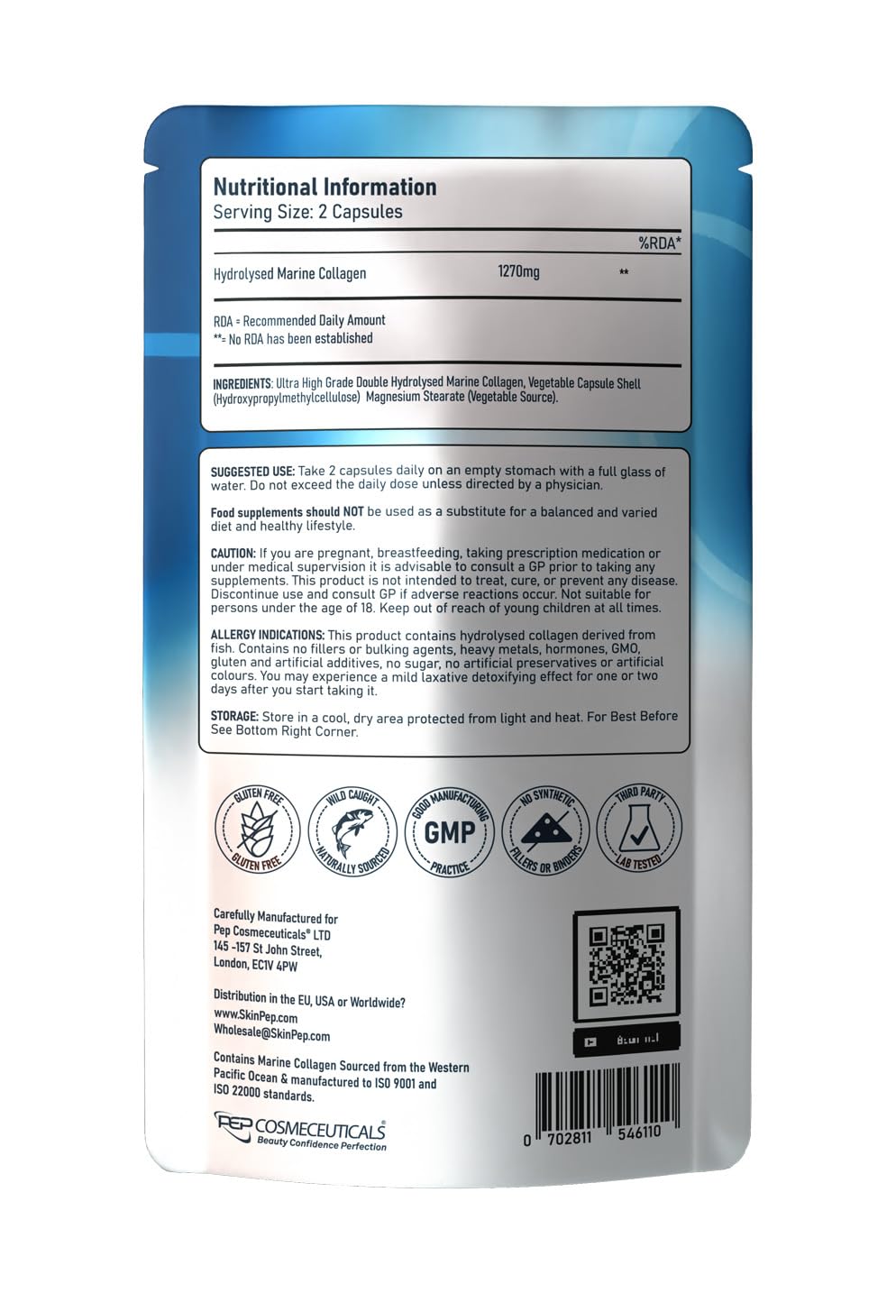 Skin Pep 100% Pure Marine Collagen 120 Capsules - 1270mg (Not Collagen Powder) - 2 Months Supply - Collagen Supplements for Women & Men - Premium Double Hydrolysed Type 1 Collagen Peptides by SkinPep