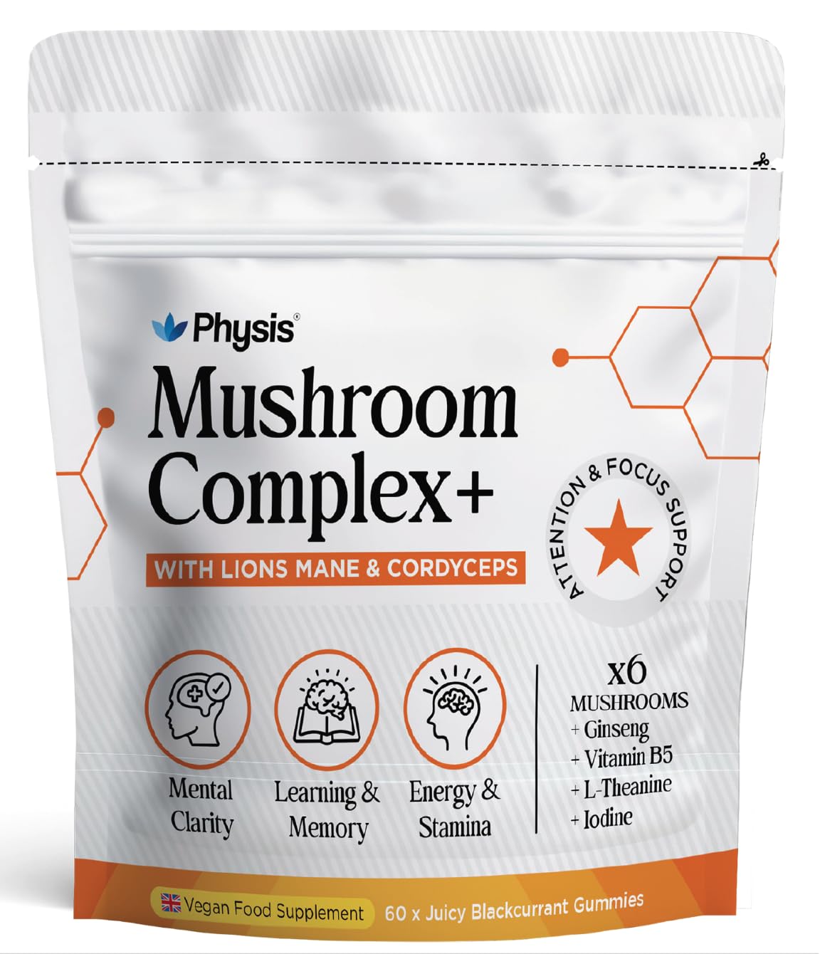 Physis Mushroom Gummies Complex+ | Lions Mane Supplement with Cordyceps & Nootropics | High Strength | 60 x Juicy Blackcurrant Chewables | 1 Month Supply | Neuro-Support | Focus & Attention