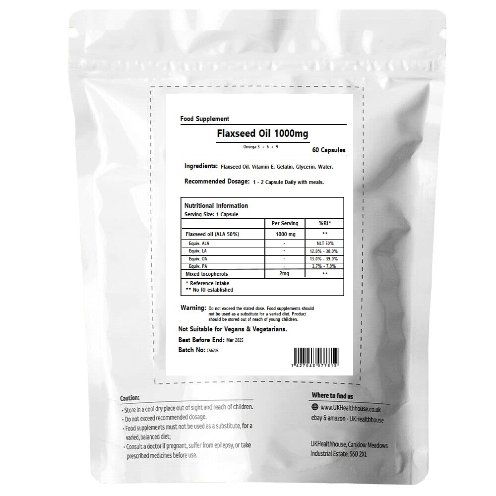 UKHealthHouse Flaxseed Oil Softgel 1000mg x 60 Capsules Strong Formula Omega 3+6+9 Linseed Oil