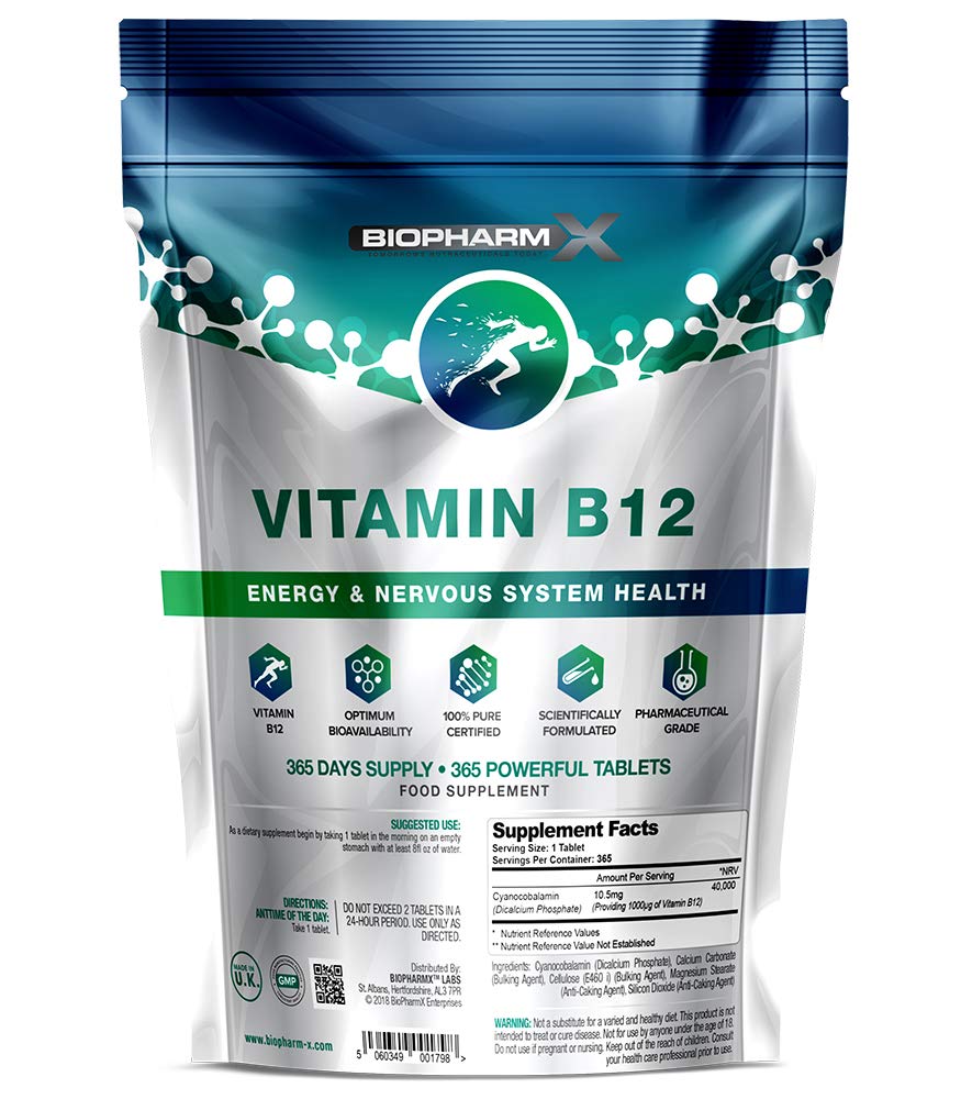 Vitamin B12 1000mcg (365 Vegan Tables / 1 Year Supply) Premium Grade / 100% Pure Certified & Maximum Strength