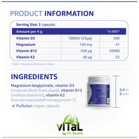 MAG365 Vegan Vitamin D Plus - Enhanced with Magnesium, Vitamin B12, Vitamin K2 - Supports Weight Management & Mood Enhancement - 100% Vegan, Gluten-Free, Non-GMO - 60 Capsules