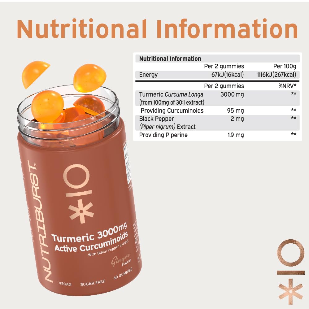 Nutriburst Turmeric Curcumin with Black Pepper Extract - Powerful Antioxidants & Anti-inflammatory, Supports Joint & Muscle Health - Vegan, Sugar Free - 60 Ginger Gummies - 1 Month Supply