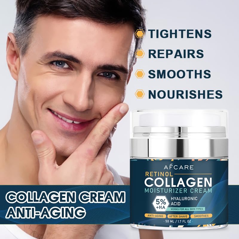 Afcare Retinol Collagen Moisturizer Cream for Men - 5% Retinol + Hyaluronic Acid, Anti-Aging Face Cream, Hydrating, Nourishing, Repairs, Smooths, Tightens, All Skin Types, 50ML.