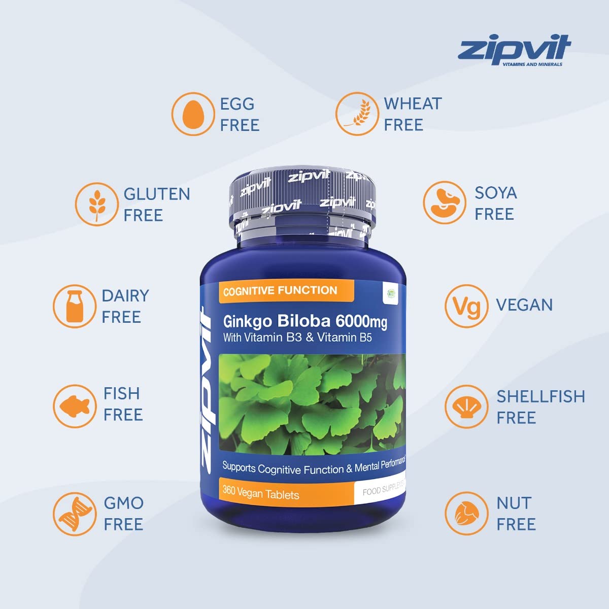 Ginkgo Biloba 6000mg Standardised Leaf Extract, 360 Vegan Tablets with Vitamin B3 and B5. Supports Focus, Mental Performance, and Energy. Vegetarian Society Approved. 12 Months Supply.
