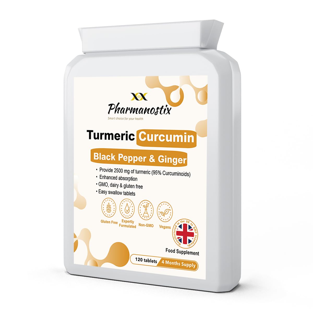 Pharmanostix Turmeric Supplements 2500mg with Black Pepper & Ginger, Curcumin 95%, 120 Tablets, Vegan & Gluten Free, UK Manufactured