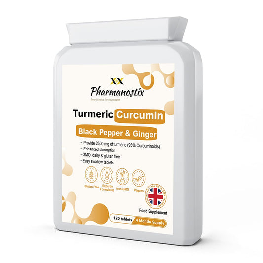 Pharmanostix Turmeric Supplements 2500mg with Black Pepper & Ginger, Curcumin 95%, 120 Tablets, Vegan & Gluten Free, UK Manufactured