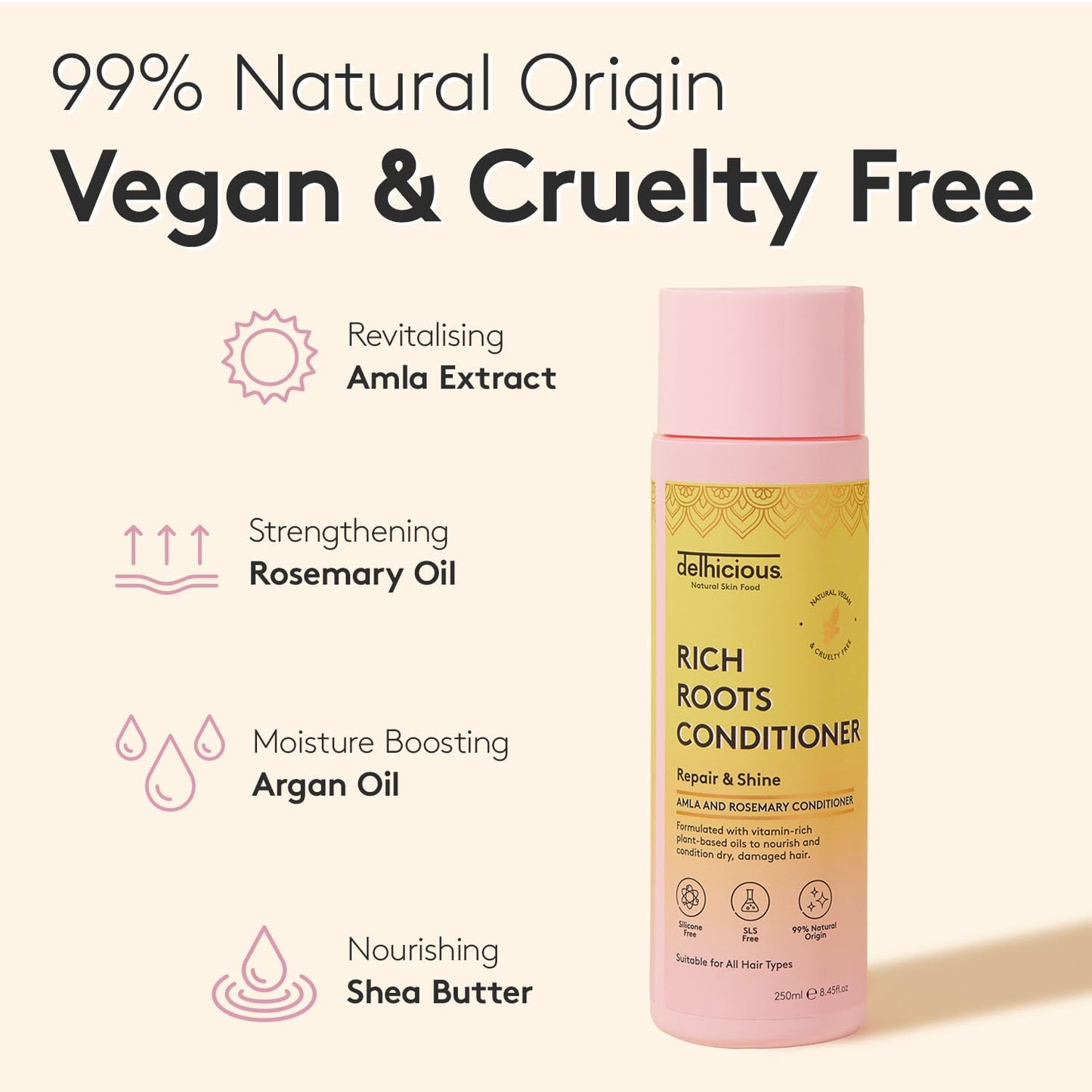 Delhicious Amla Oil & Rosemary Oil Conditioner for Hair Growth - Rich Roots Hair Loss Treatment for Thinning Hair - Nourishes Dry Scalp, Brightens Dull Hair - Natural, Vegan, Ayurveda - 250ml