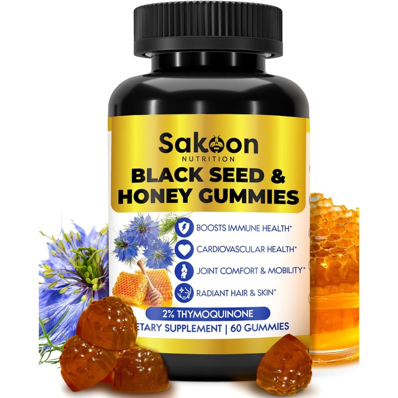 Sakoon nutrition Black Seed Oil & Honey Gummies W/ 2%+ THYMOQUINONE | Nigella Sativa Seeds| Super antioxidant for Immune Support, Joints, Digestion, Hair & Skin | 60 Gummies