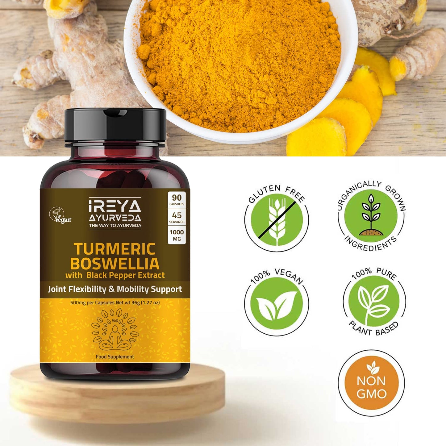 Turmeric Boswellia Extract 1000mg - Joint & Mobility Support Digestive & Immune Support | Boswellia Serrata with Turmeric Curcumin Bioperine - Inflammatory Response Plant Based Supplement