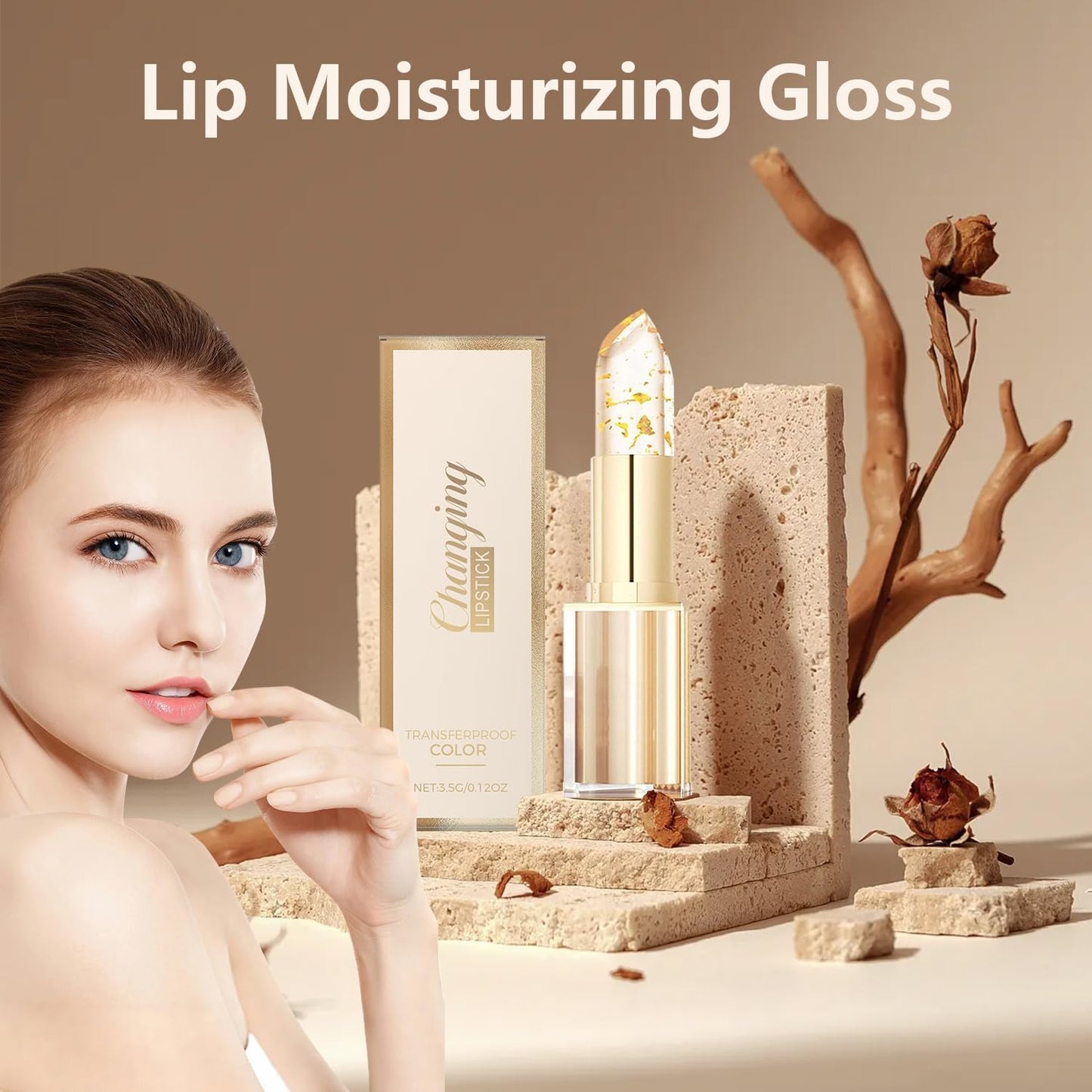 WujialingMM 2PCS Transferproof Color Changing Lipstick,Gold Crystal Colors Changing Lipsticks,Color Changings Lipstick Gold Foil,Moisturizer Long Lasting Lip Balm for Women